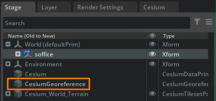 Cesium for Omniverse Graphisoft Archicad tutorial: From the stage, select the CesiumGeoreference prim to display its properties in the Property window.